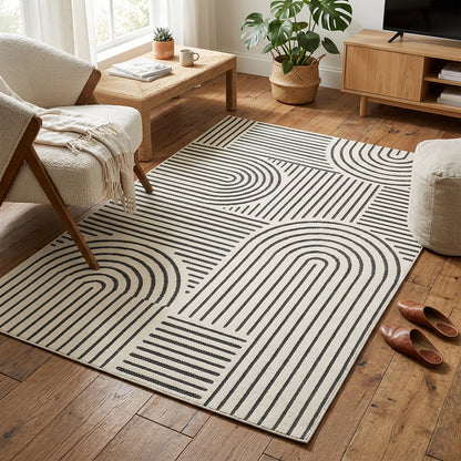 Abstract Modern Weiss and Pebble Outdoor Rug
