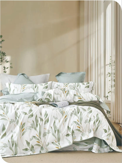 100% Cotton White and Green Duvet Cover Set