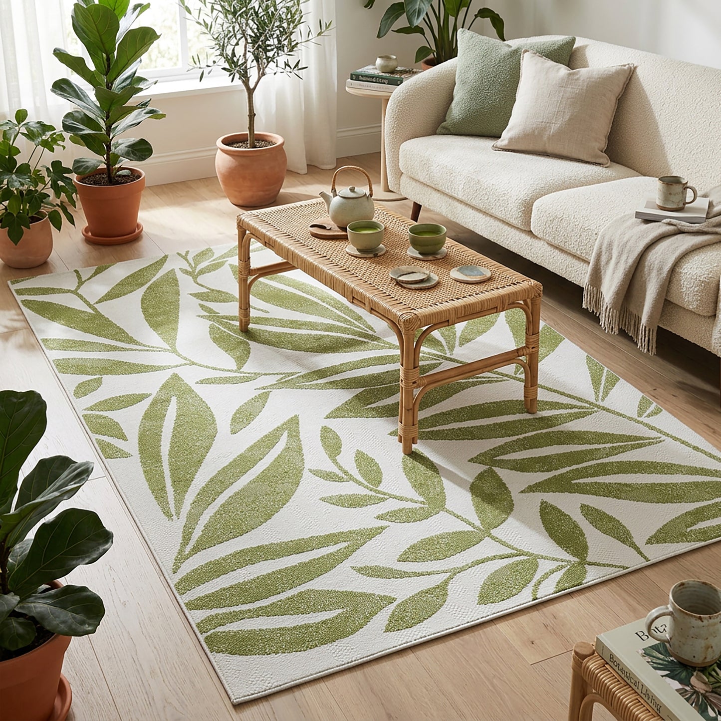 Botanical Modern Weiss and Green Outdoor Rug