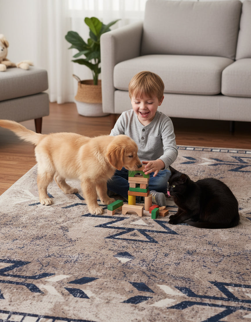Nava Southwestern Contemporary Blue and Beige Indoor Rug