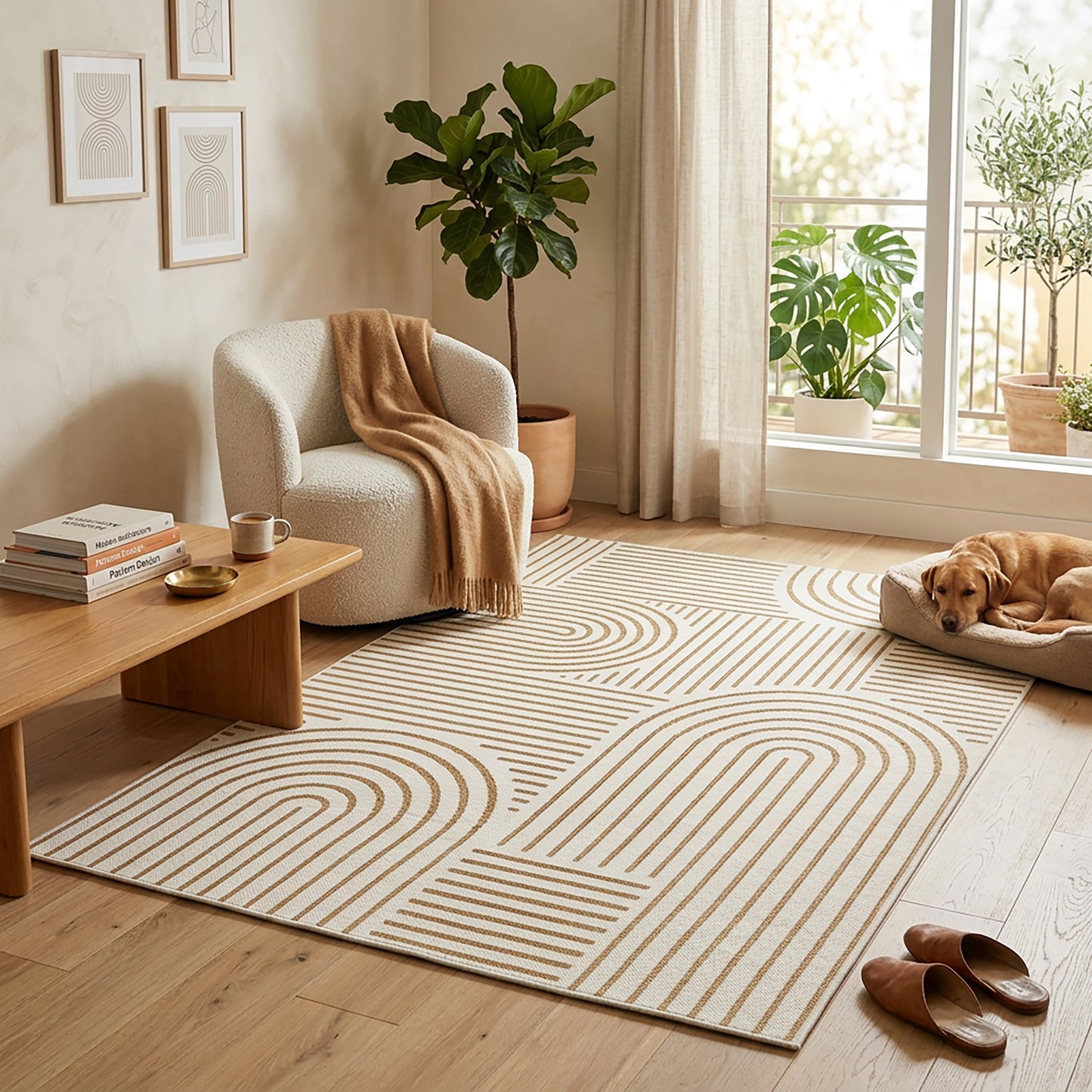 Abstract Modern Weiss and Jute Outdoor Rug