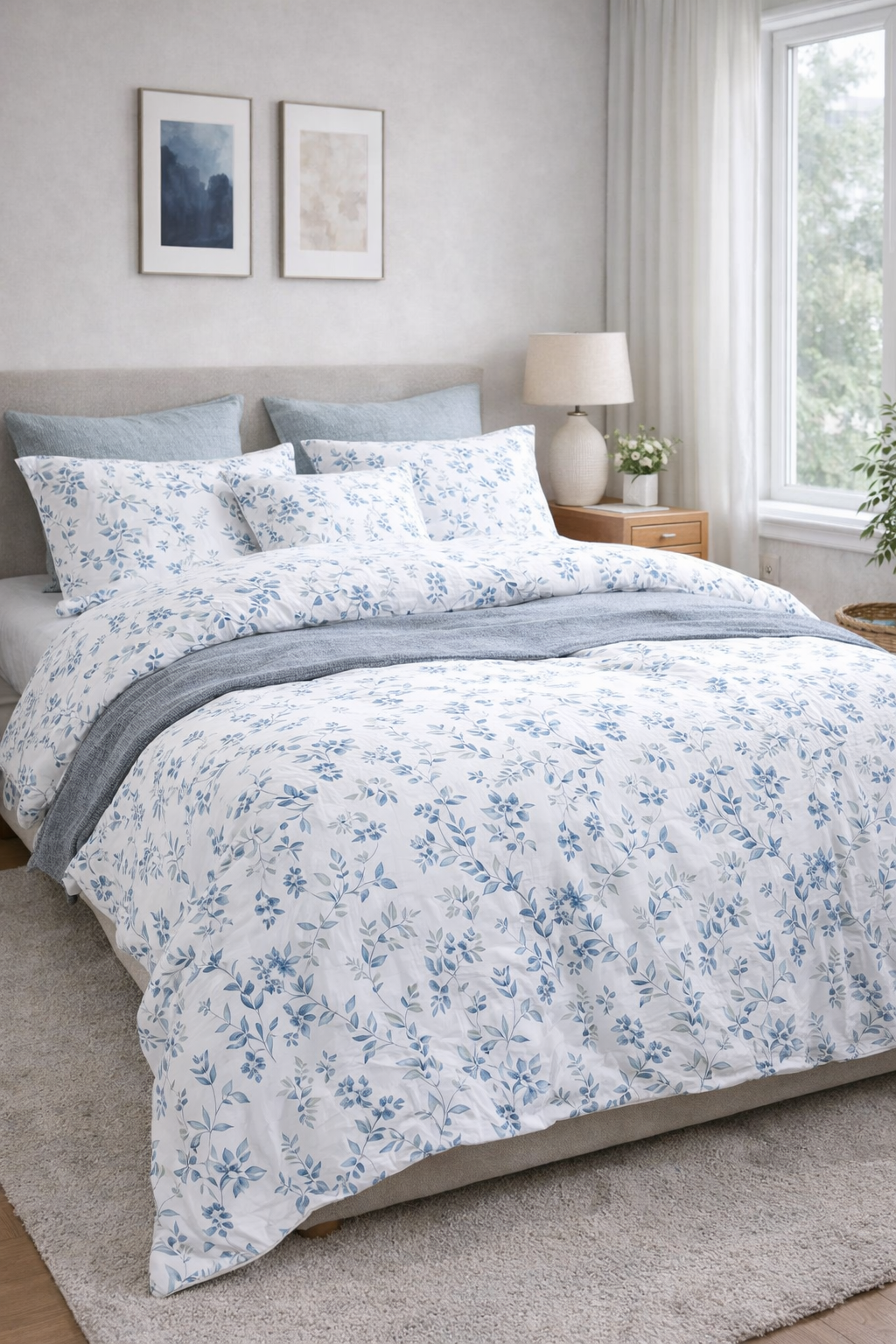 100% Cotton White and Blue Duvet Cover Set