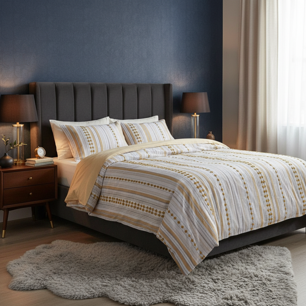 Textured 100% Cotton Ivory, Yellow and Grey Duvet Cover Set