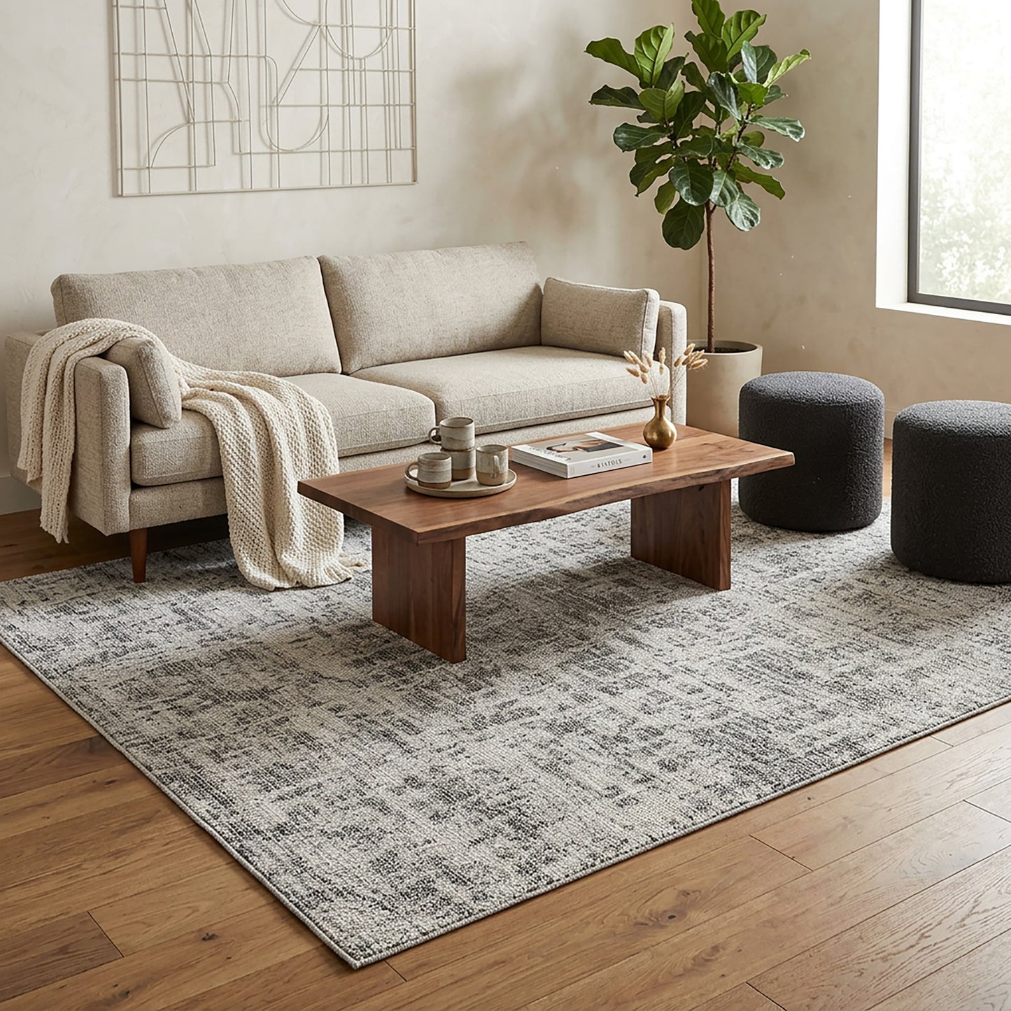 Abstract Modern Grey & Beige Outdoor Rug