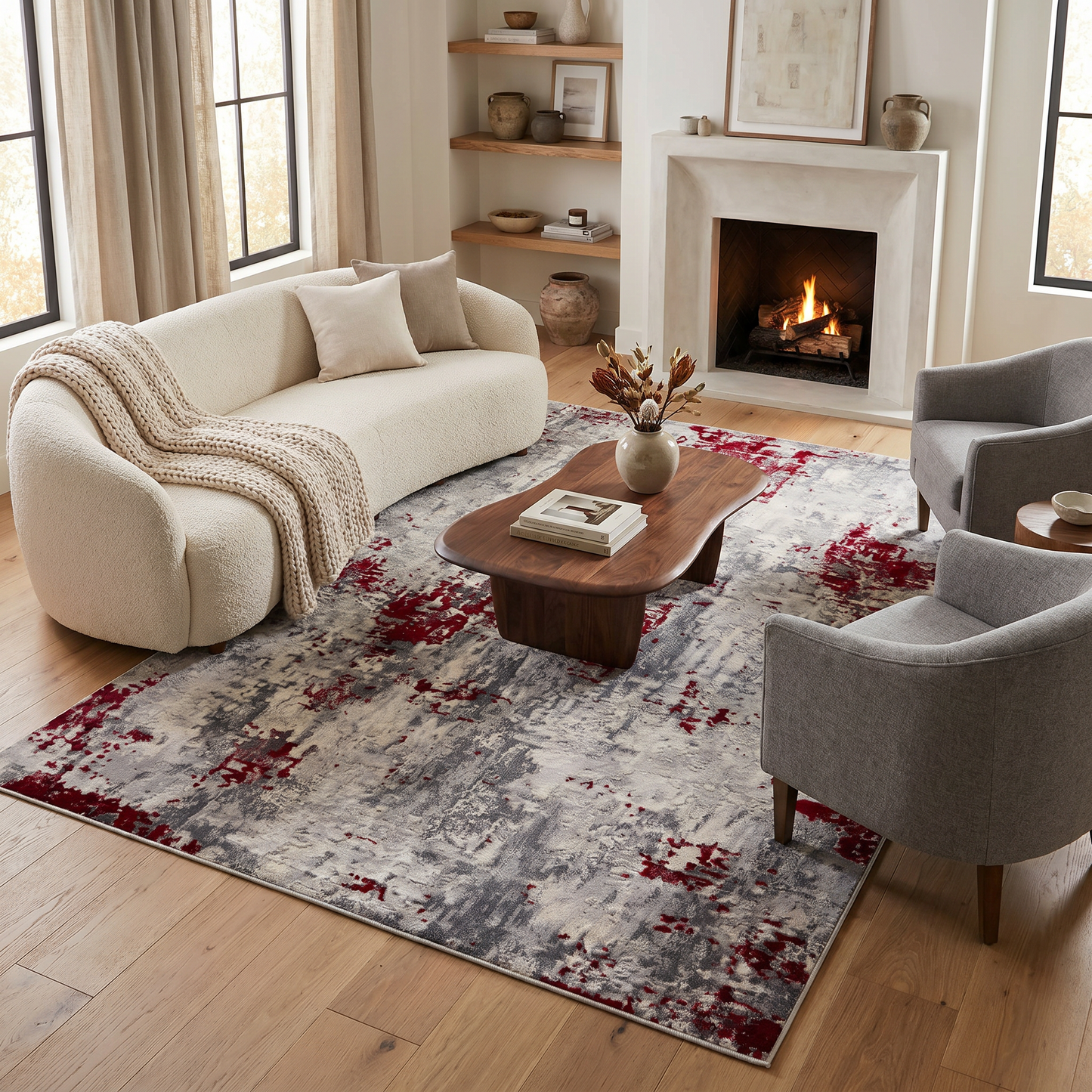 Elara Abstract Contemporary Red and Grey Indoor Rug