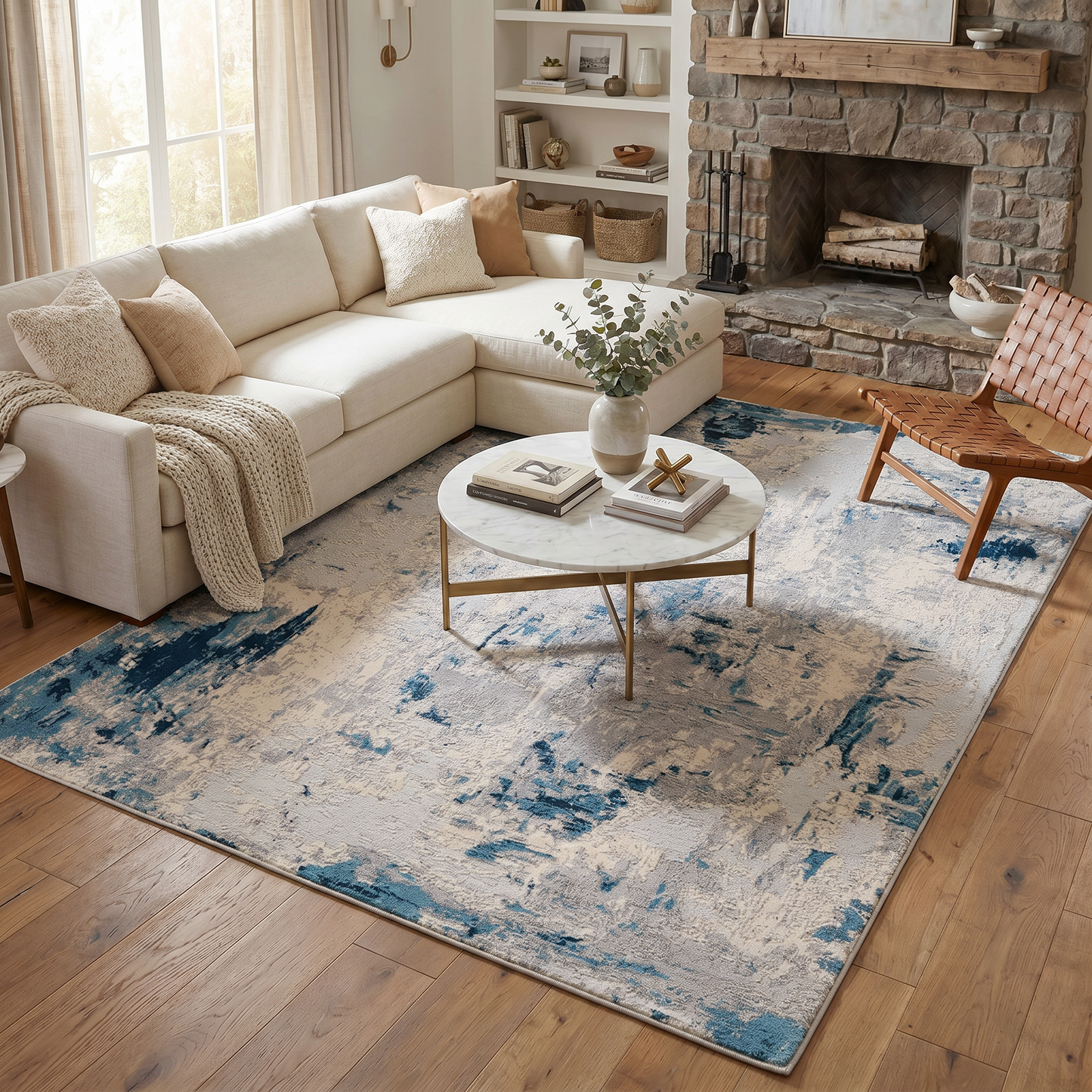 Amara Abstract Contemporary Blue and Cream Indoor Rug