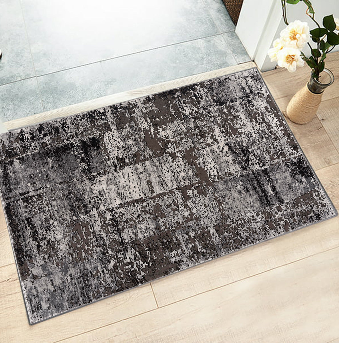 Obsidian Abstract Contemporary Grey and Black Indoor Rug