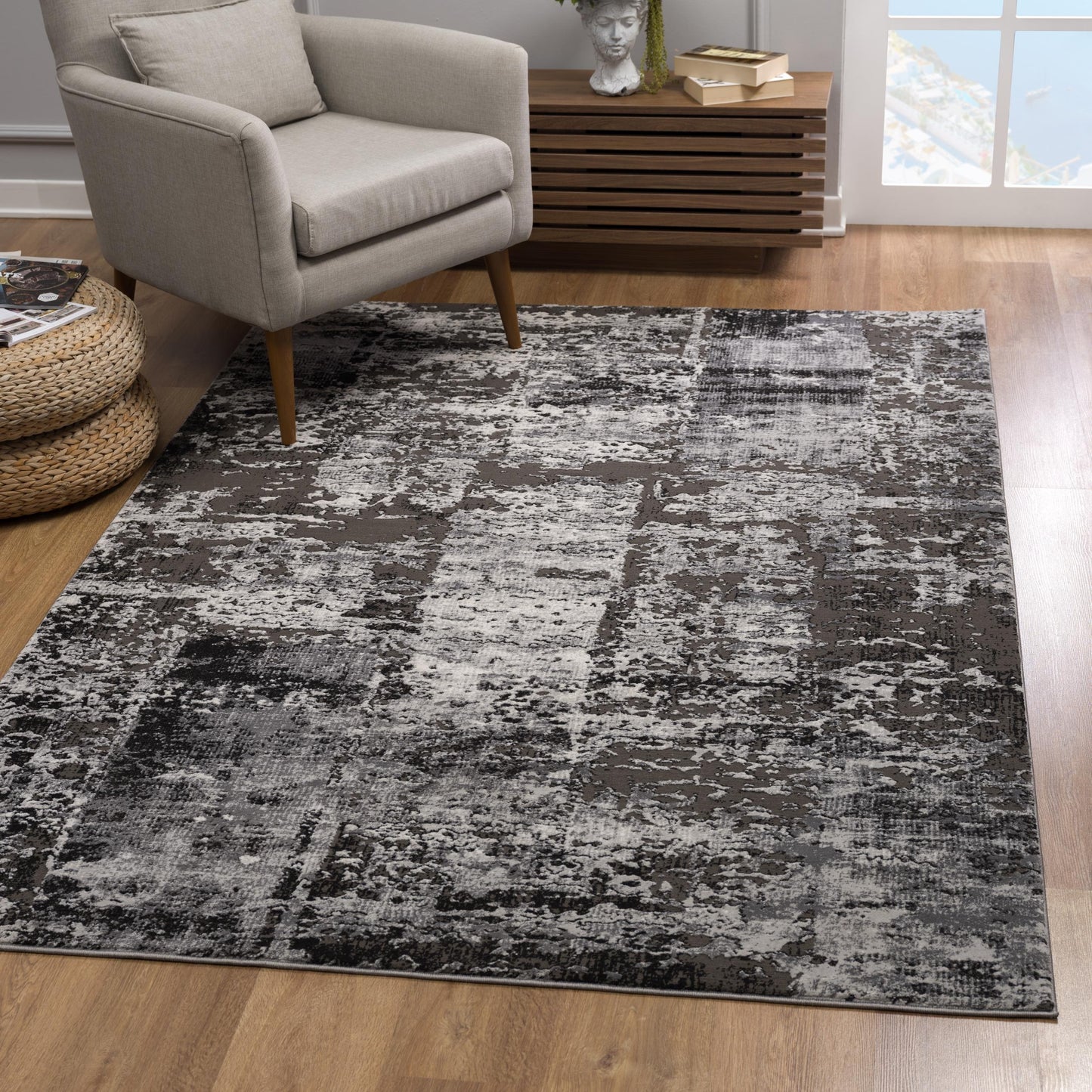 Obsidian Abstract Contemporary Grey and Black Indoor Rug