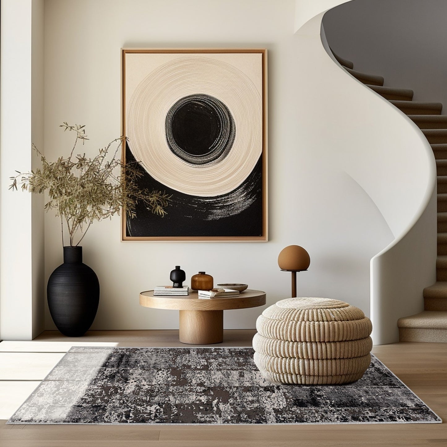 Obsidian Abstract Contemporary Grey and Black Indoor Rug