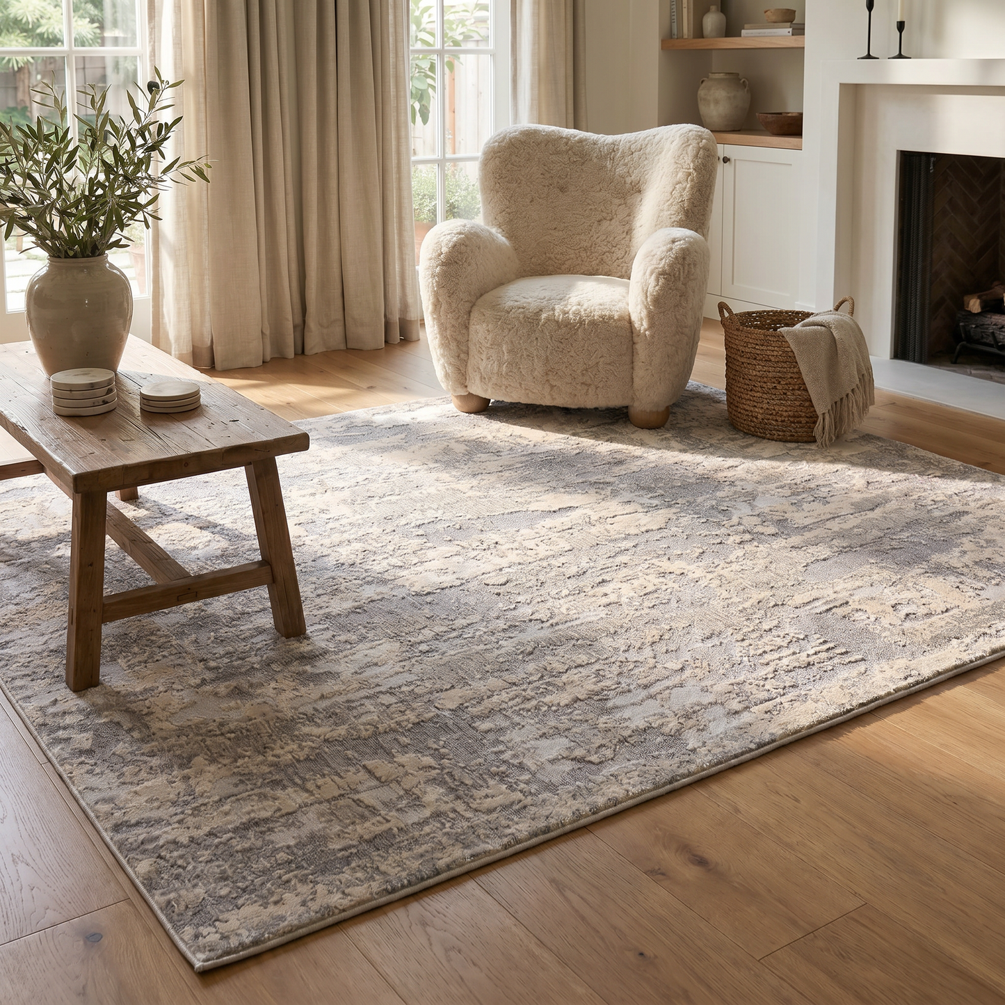 Tranquil Abstract Contemporary Grey and Beige Indoor Rug