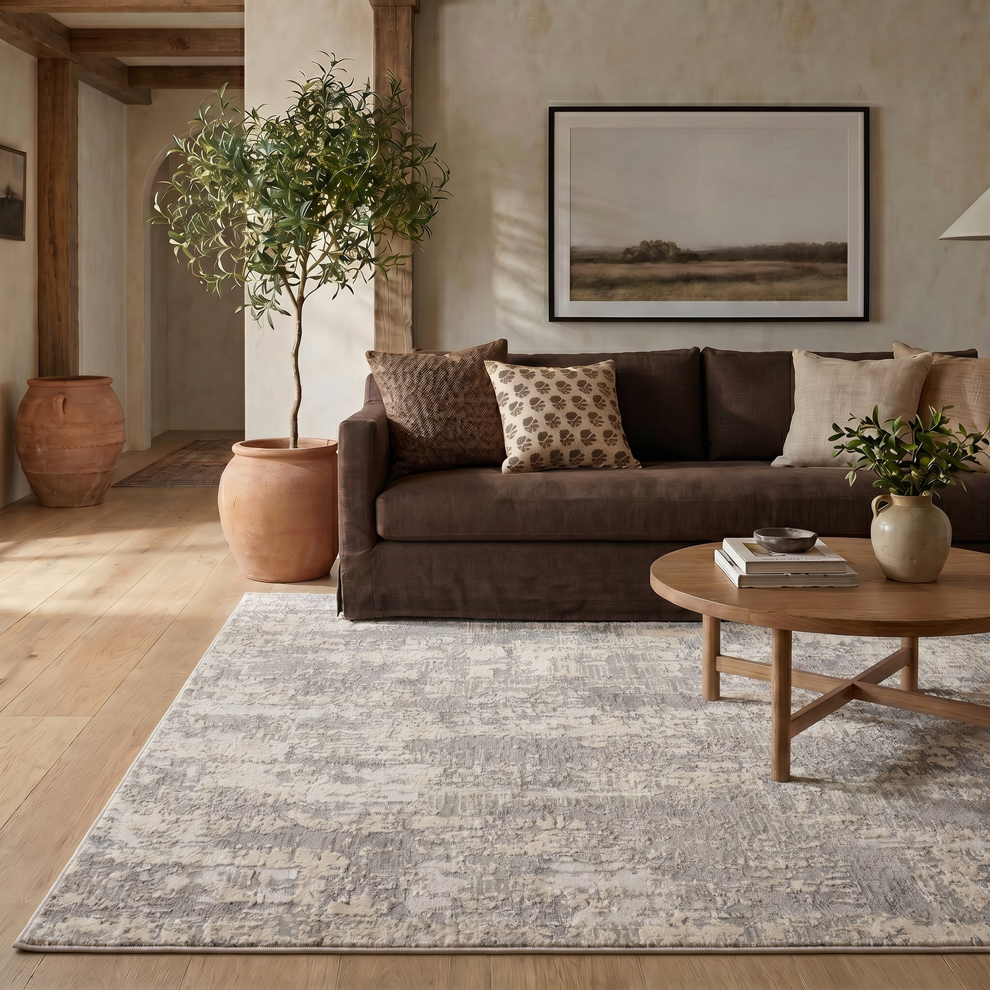 Tranquil Abstract Contemporary Grey and Beige Indoor Rug