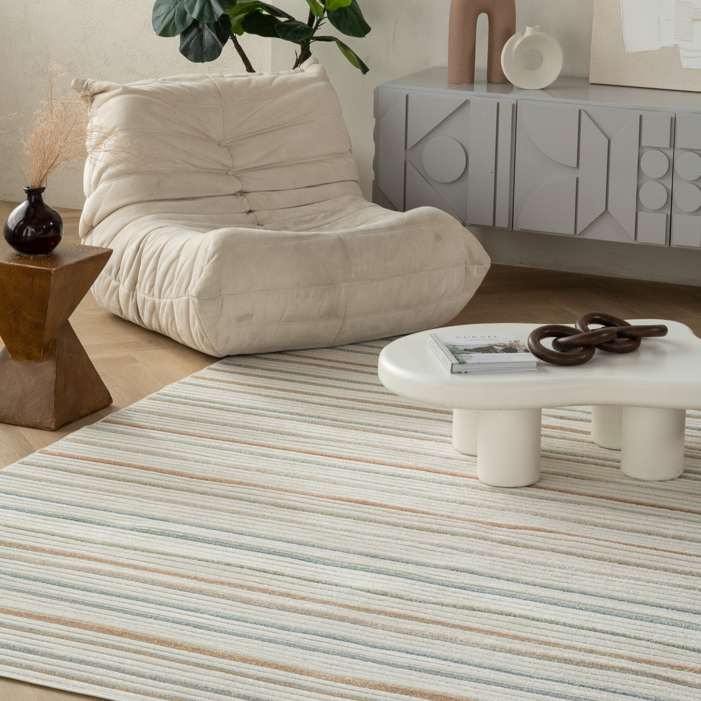Solena Striped Contemporary Cream and Beige Indoor Rug