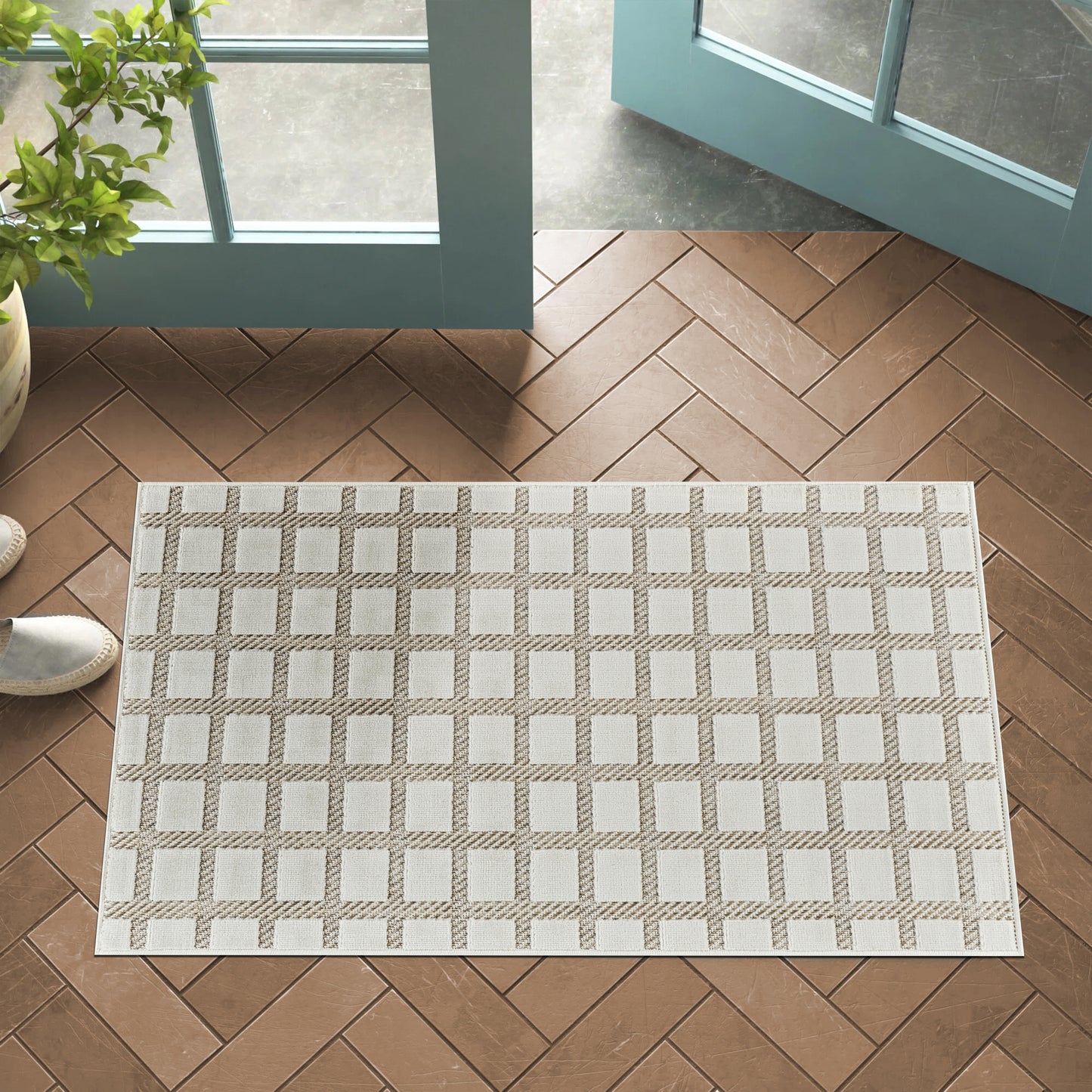 Alfombra moderna beige a cuadros Maise