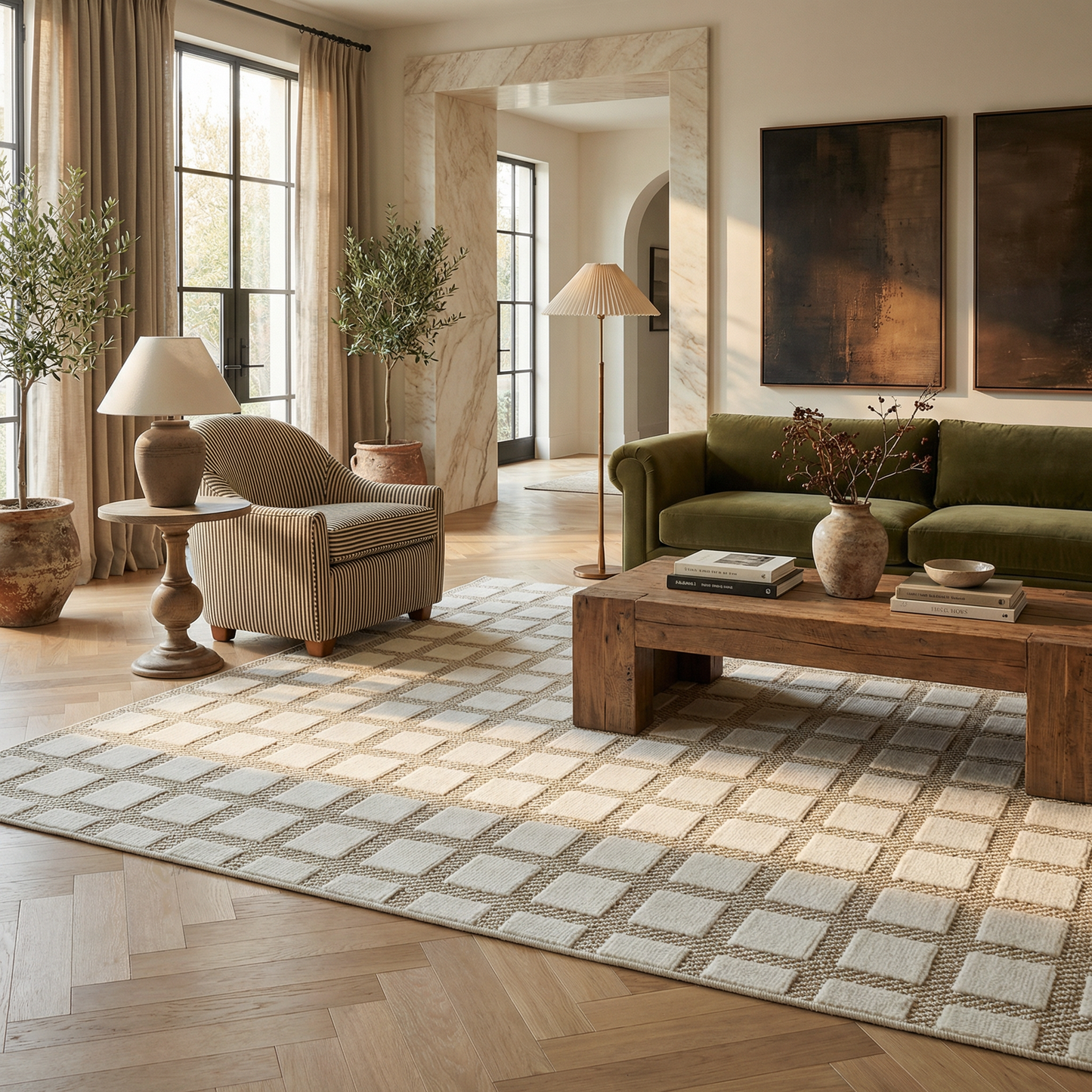Alfombra moderna beige a cuadros Maise