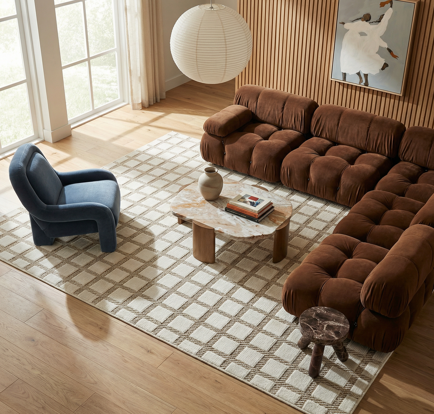 Alfombra moderna beige a cuadros Maise