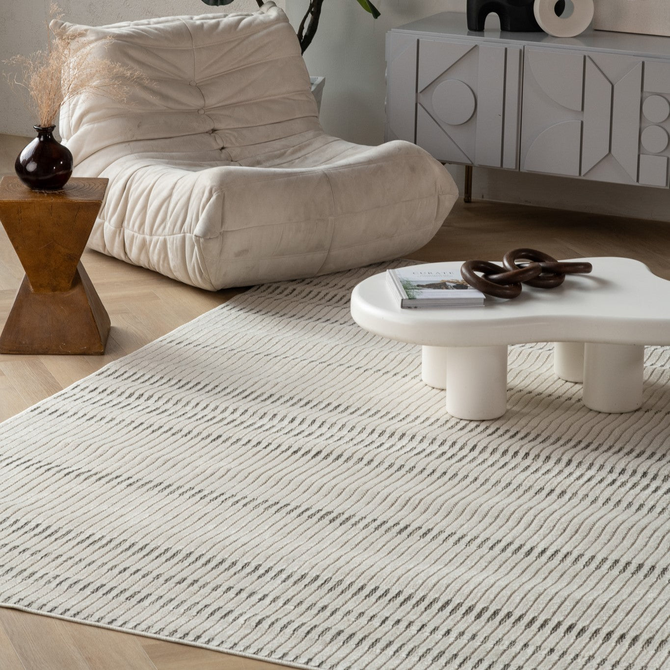 Sabi Striped Contemporary Cream and Beige Indoor Rug