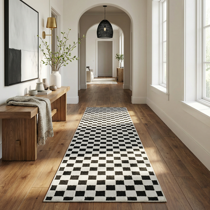 Alfombra negra moderna a cuadros Maise