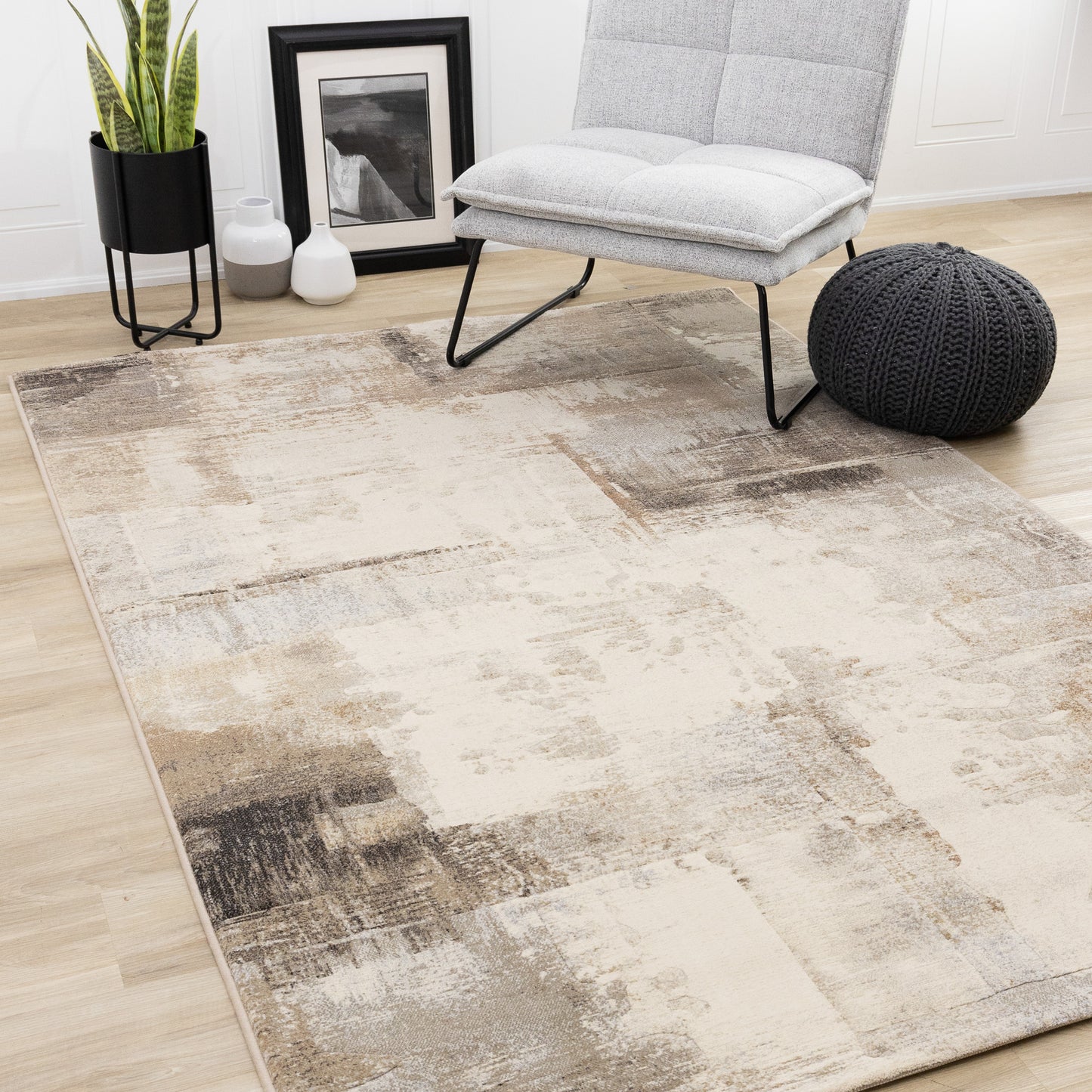 Contemporary Distressed Geometric Cream Area Rug