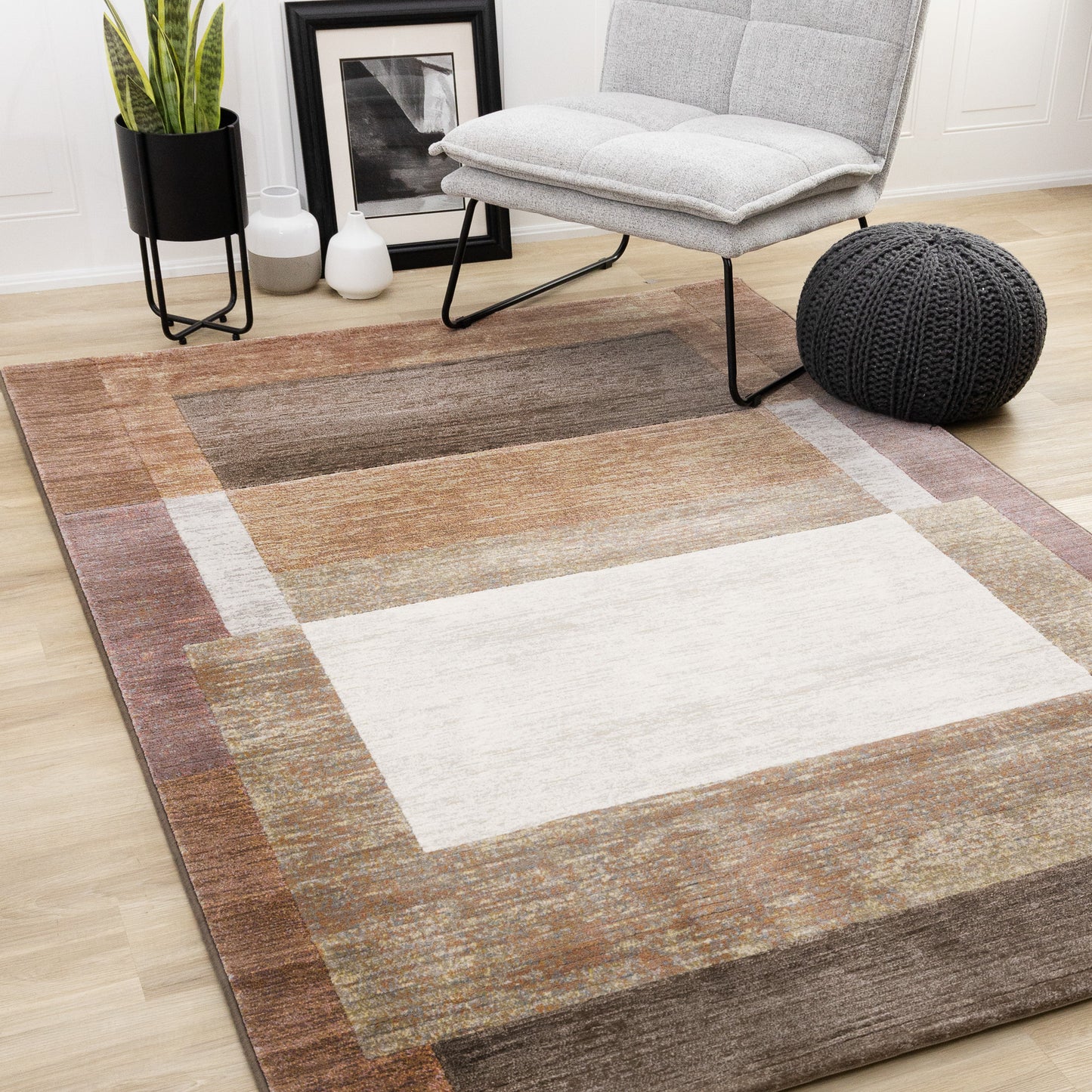 Contemporary Border Distressed Orange Area Rug