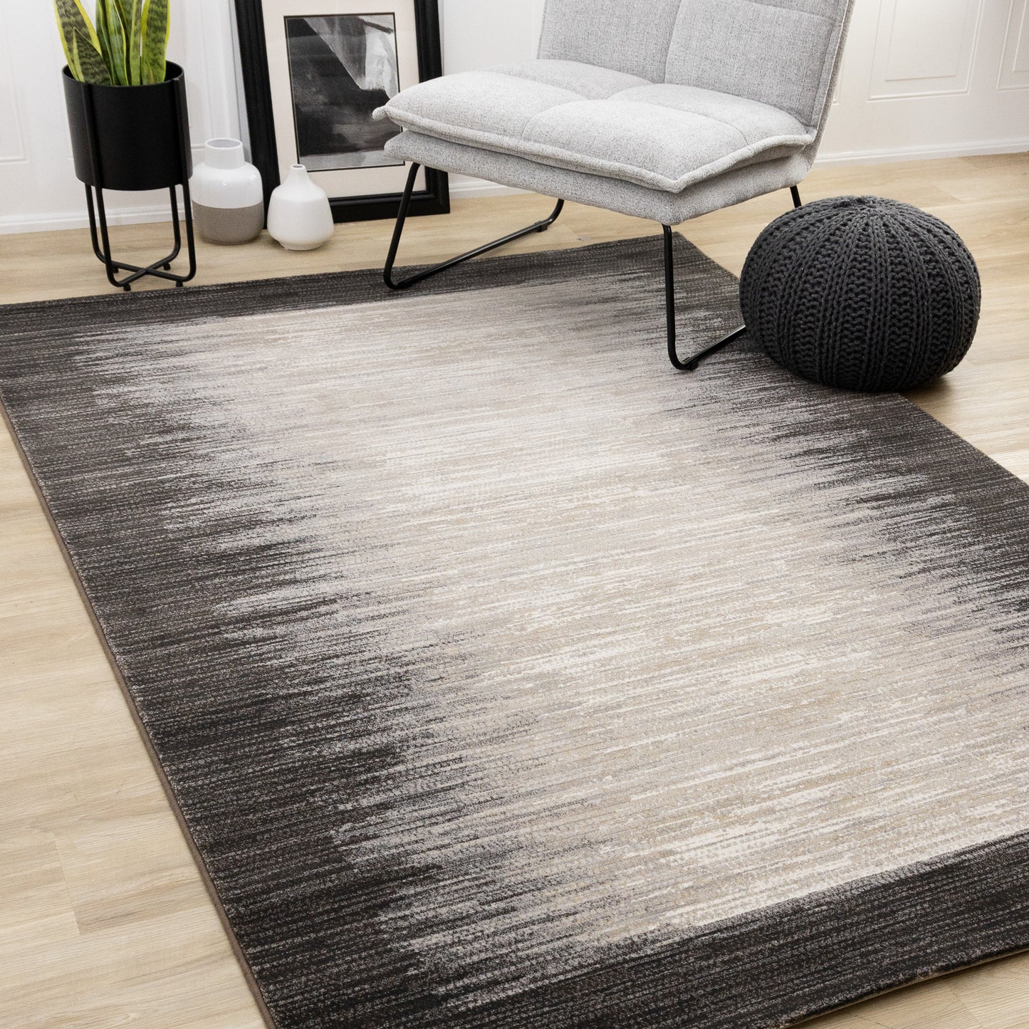 Contemporary Border Distressed Black Area Rug-2
