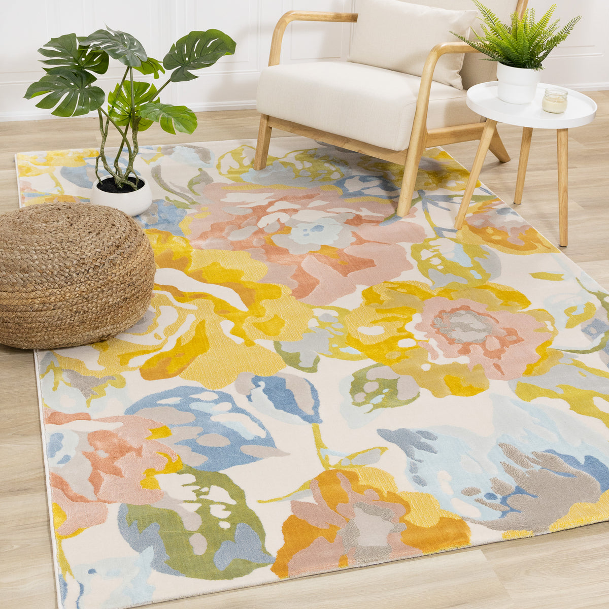 Tapis contemporain botanique jaune