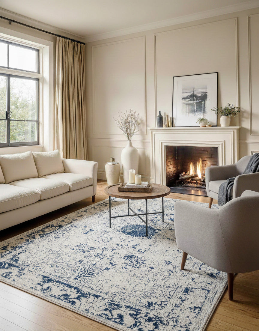Naveen Floral Medallion Contemporary Navy Blue and Cream Indoor Rug-6