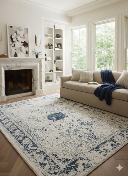 Naveen Floral Medallion Contemporary Navy Blue and Cream Indoor Rug-7