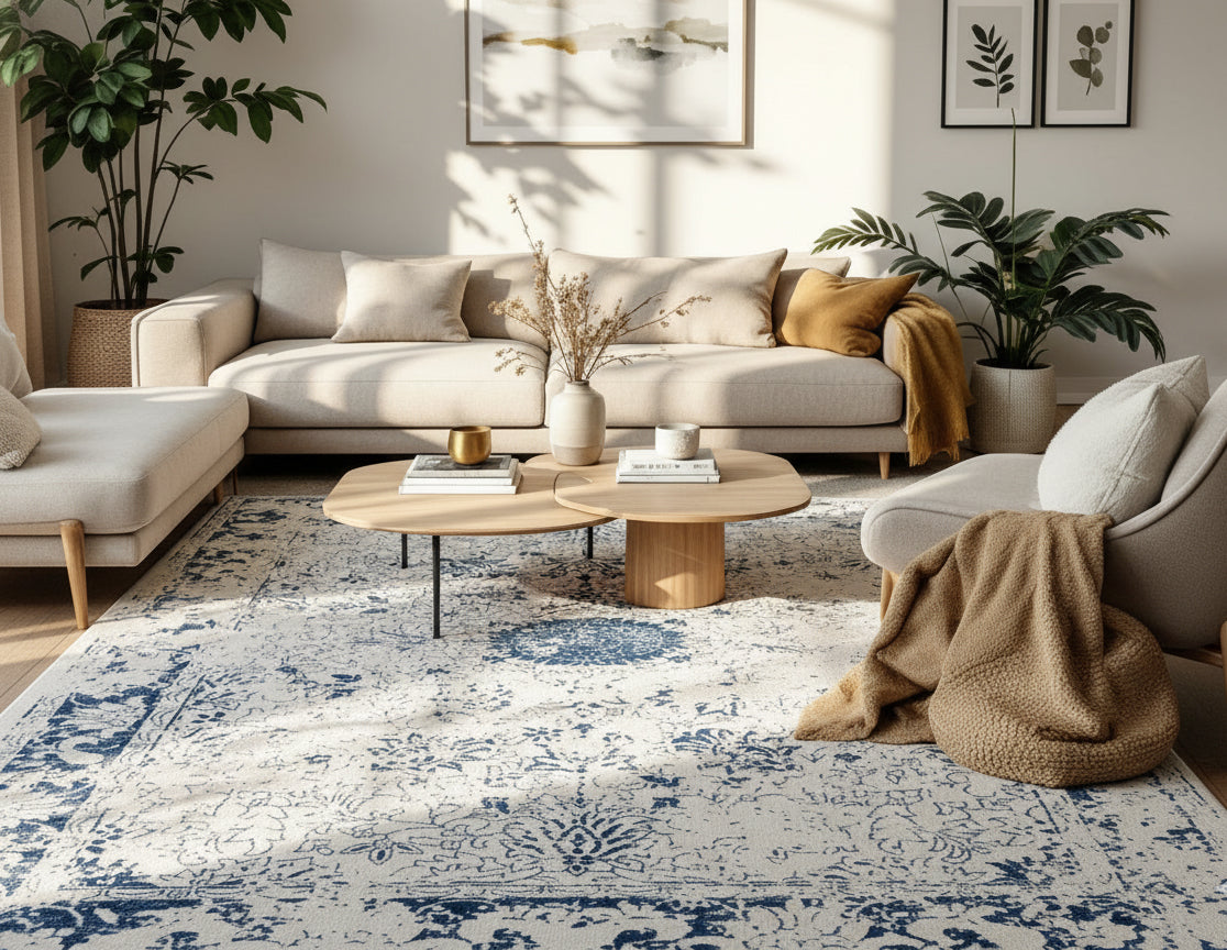 Naveen Floral Medallion Contemporary Navy Blue and Cream Indoor Rug-2