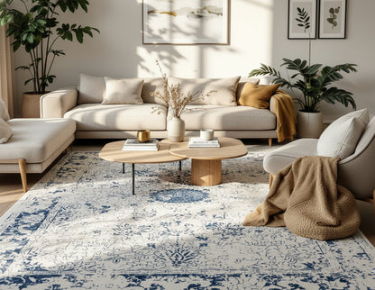 Naveen Floral Medallion Contemporary Navy Blue and Cream Indoor Rug-2
