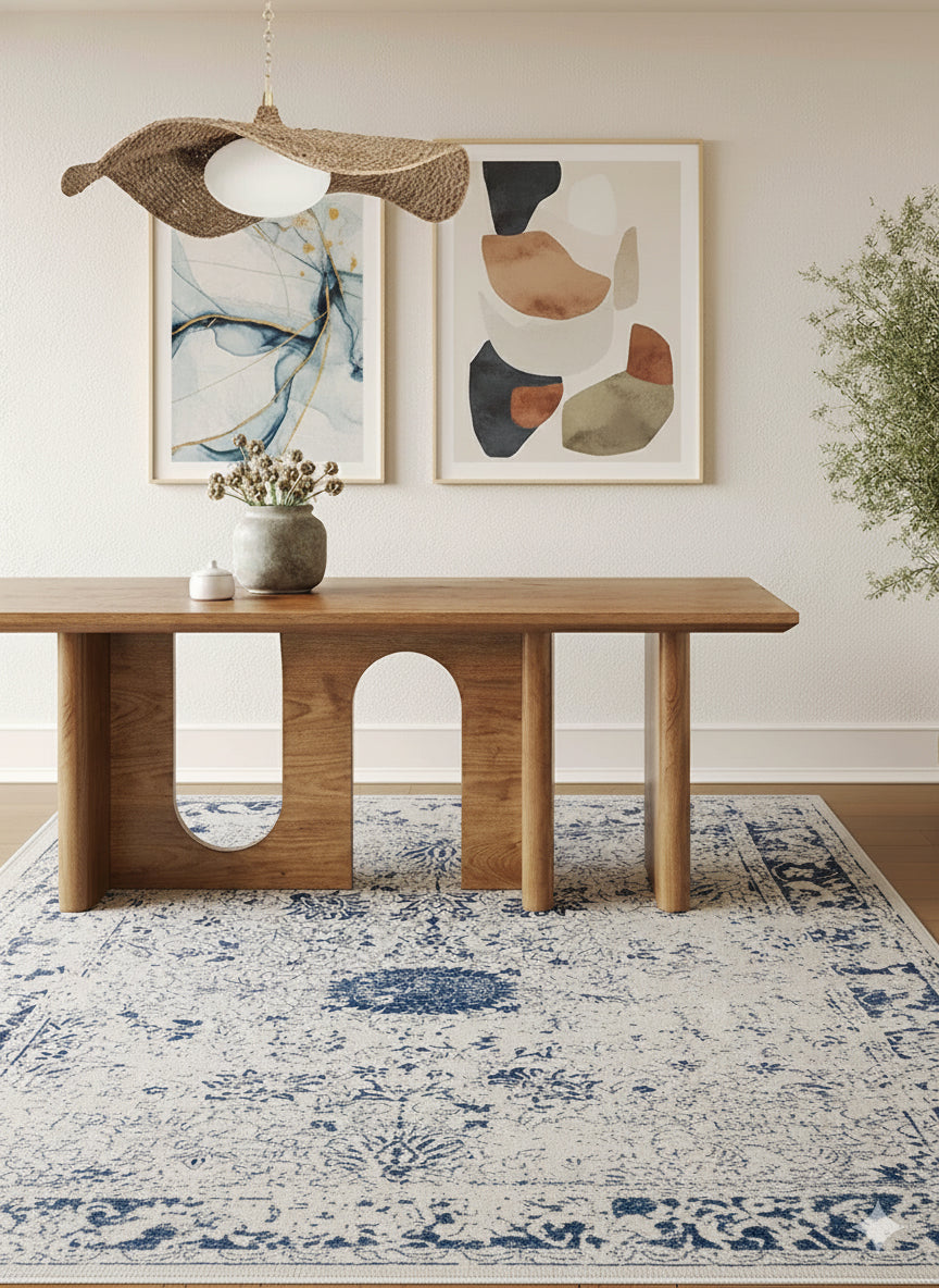 Naveen Floral Medallion Contemporary Navy Blue and Cream Indoor Rug-11