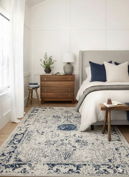 Naveen Floral Medallion Contemporary Navy Blue and Cream Indoor Rug-9