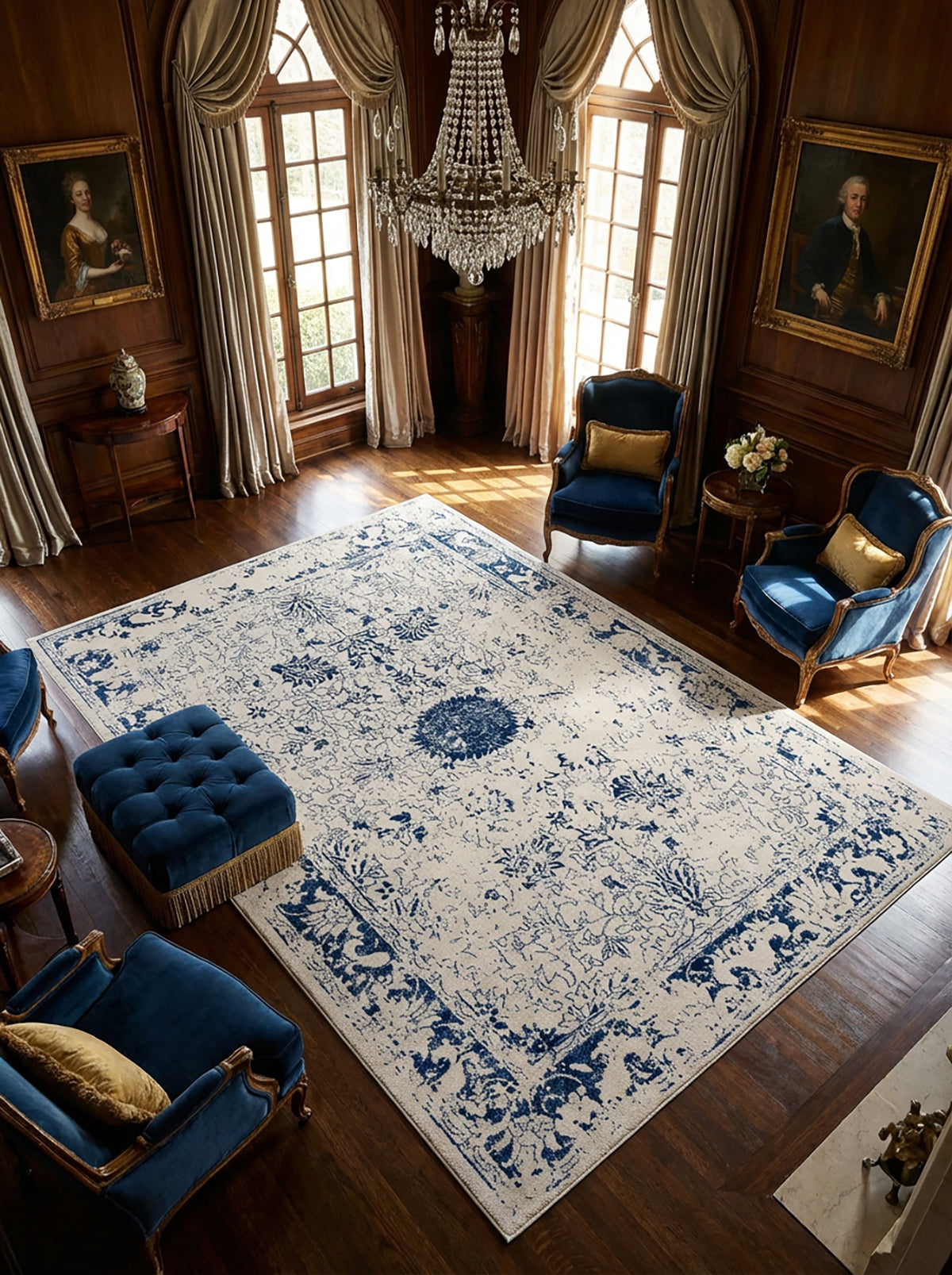 Naveen Floral Medallion Contemporary Navy Blue and Cream Indoor Rug-8