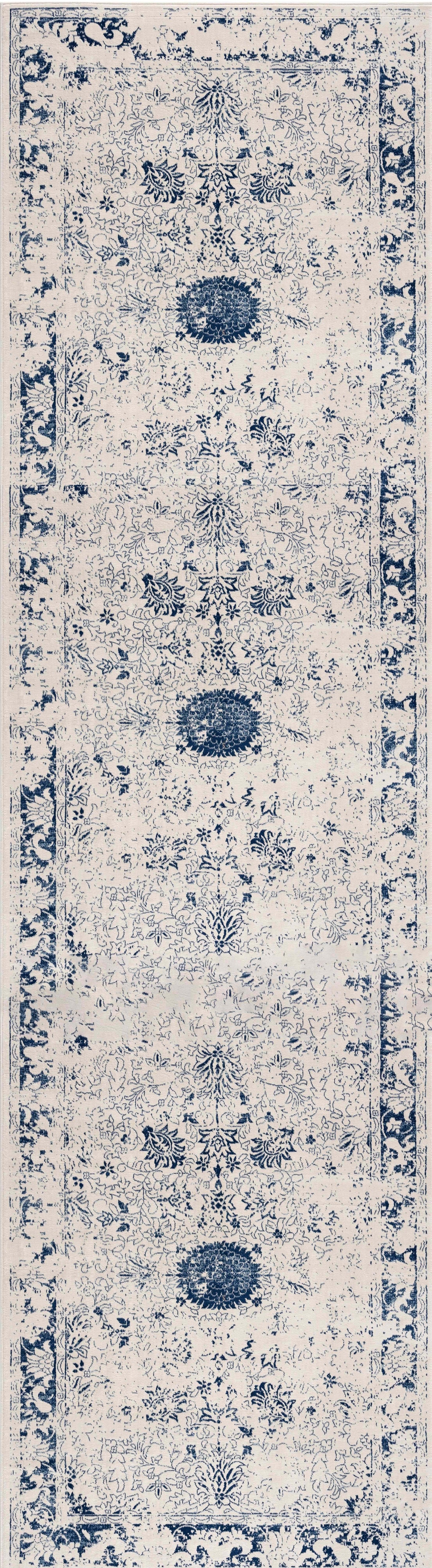 Naveen Floral Medallion Contemporary Navy Blue and Cream Indoor Rug-23