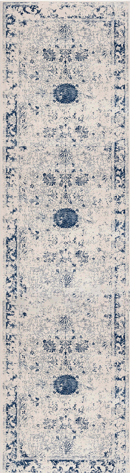 Naveen Floral Medallion Contemporary Navy Blue and Cream Indoor Rug-23