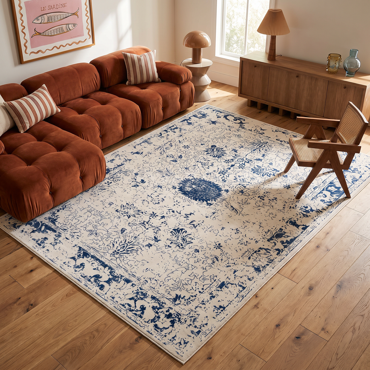 Tapis Naveen floral à médaillon contemporain marine, bleu et crème