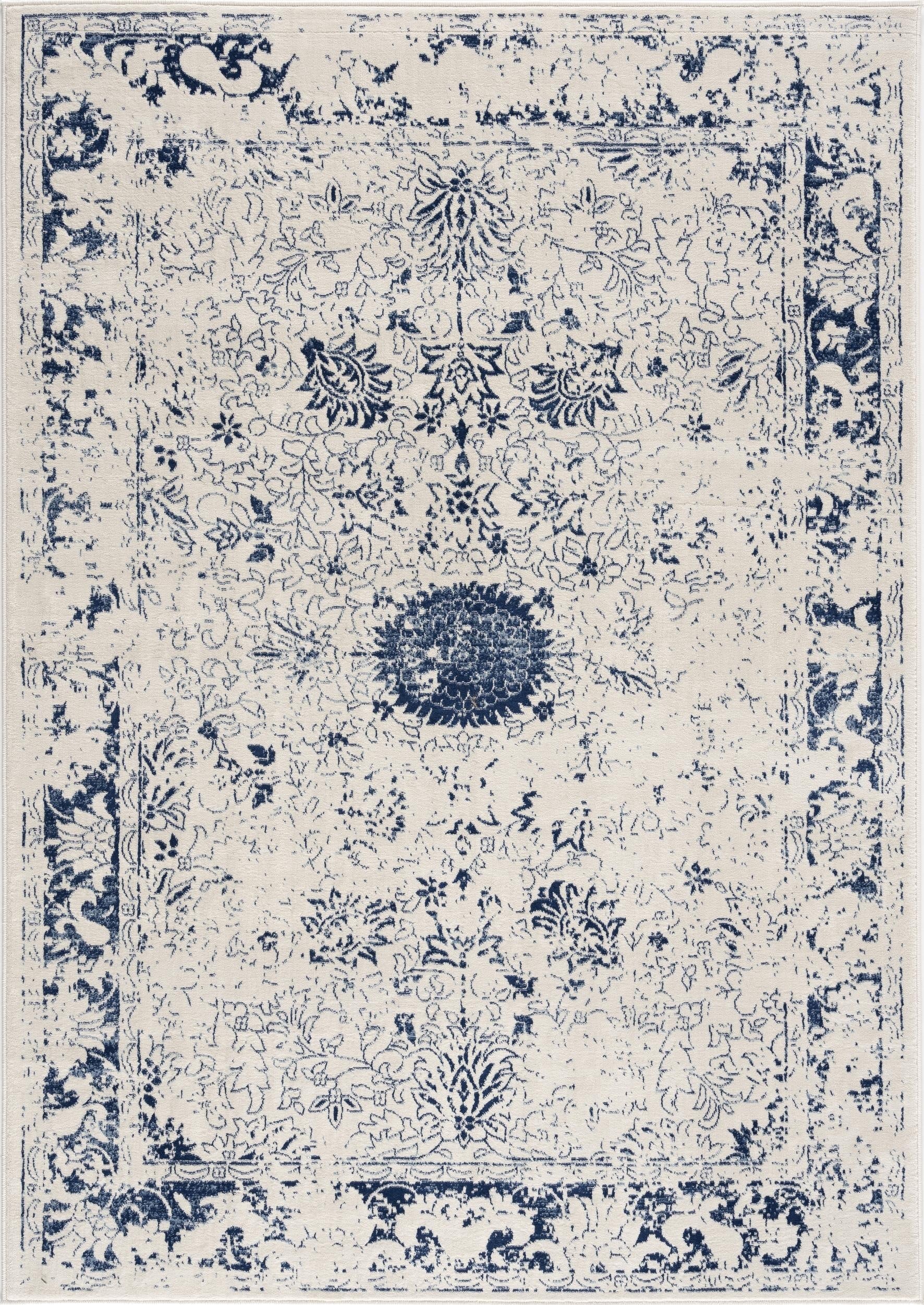 Naveen Floral Medallion Contemporary Navy Blue and Cream Indoor Rug-3