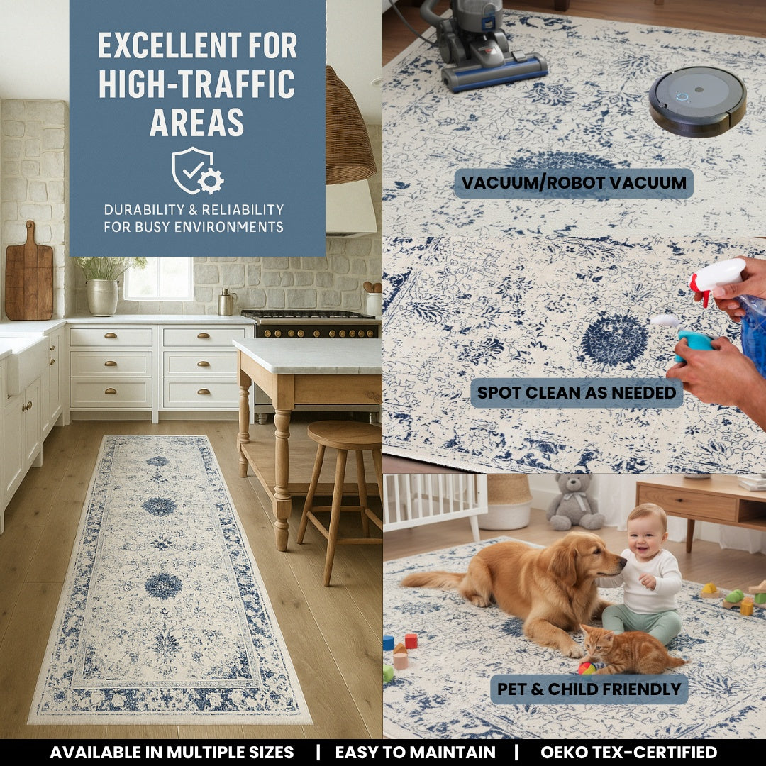Naveen Floral Medallion Contemporary Navy Blue and Cream Indoor Rug-32