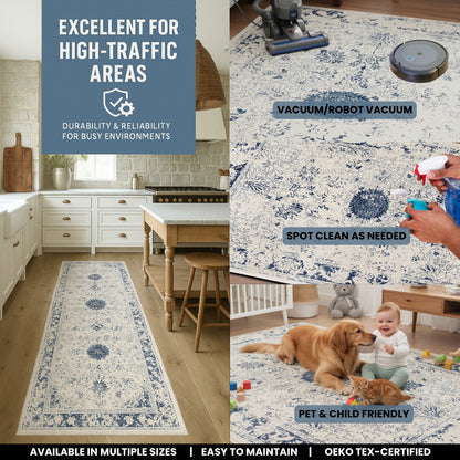 Naveen Floral Medallion Contemporary Navy Blue and Cream Indoor Rug-25