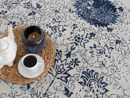 Naveen Floral Medallion Contemporary Navy Blue and Cream Indoor Rug-26