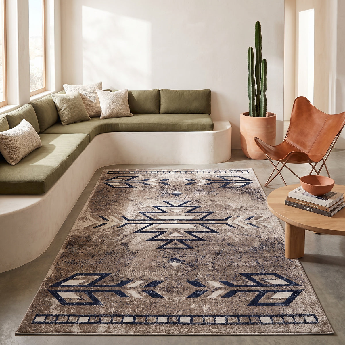 Nava Southwestern Contemporary Blue and Beige Indoor Rug