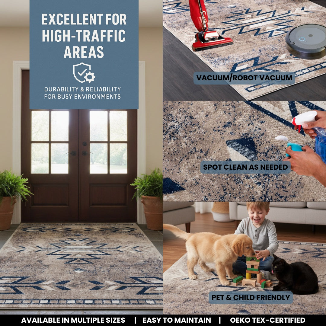 Nava Southwestern Contemporary Blue and Beige Indoor Rug