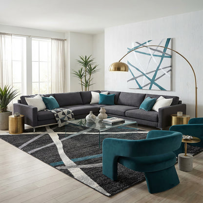 Azar Abstract Lines Contemporary Grey and Blue Indoor Rug