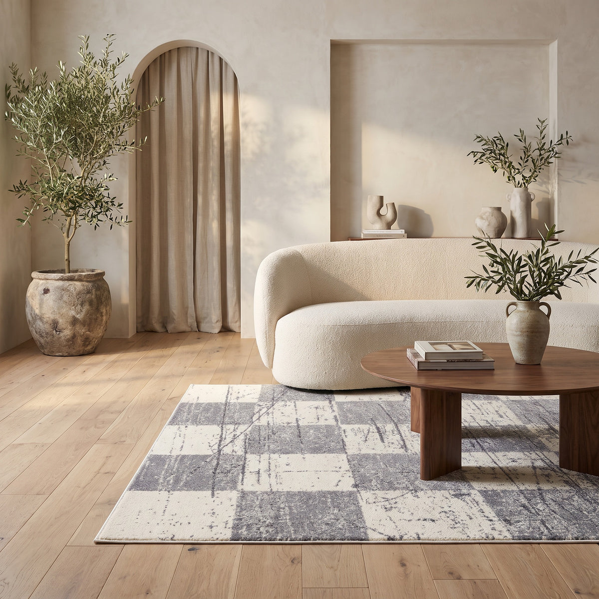 Alfombra de interior Prana a cuadros contemporánea blanca y gris
