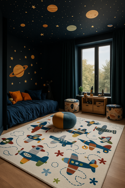 Maverick Airplane Contemporary Cream Indoor Rug