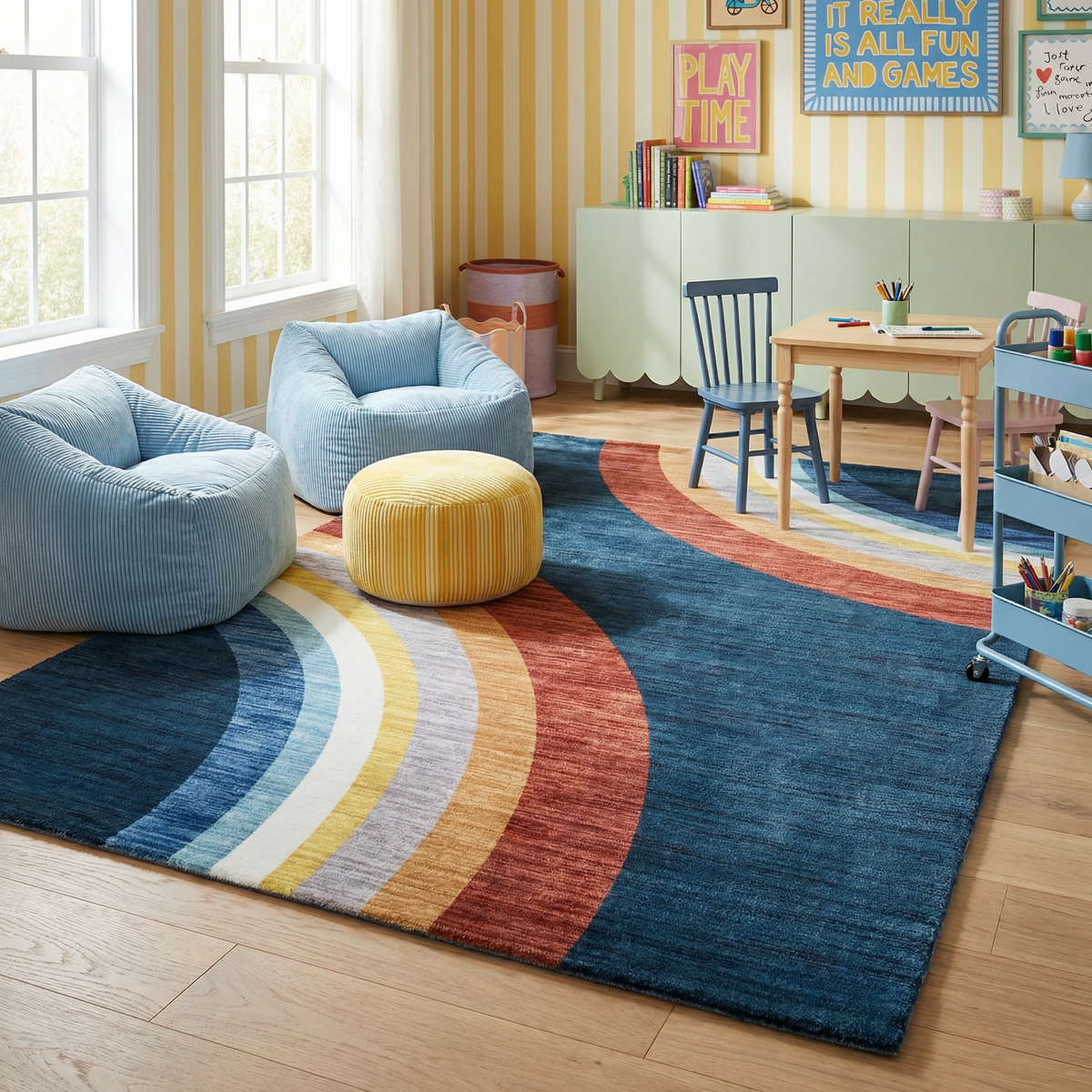 Marlow Rainbow Arch Modern Colorful Rainbow Navy Blue Kids Area Rug