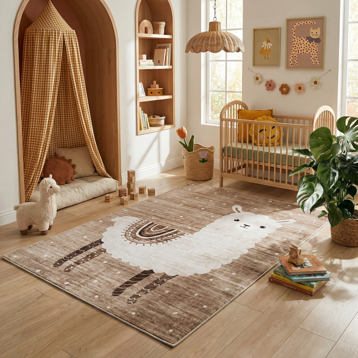 Alfombra infantil beige y blanca Rowan Lama con temática de animales