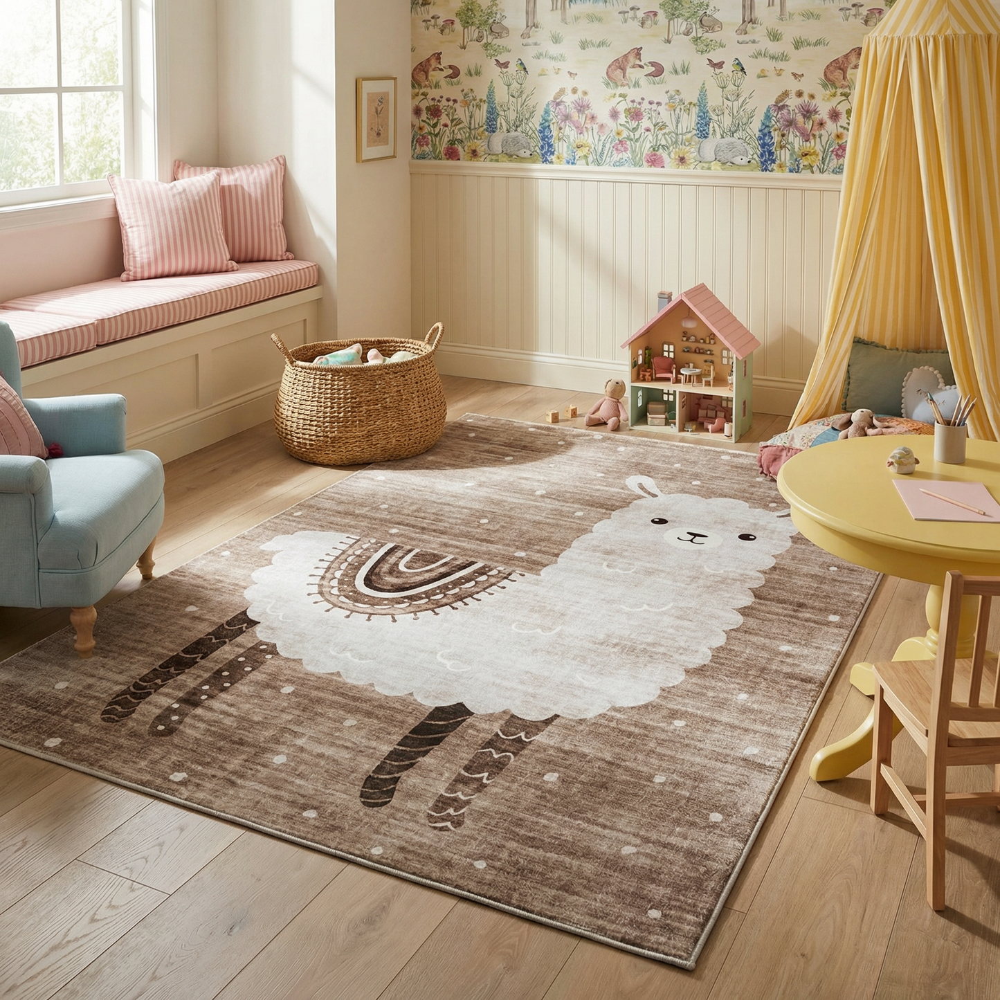 Rowan Lama Animal Theme Beige and White Kids Area Rug
