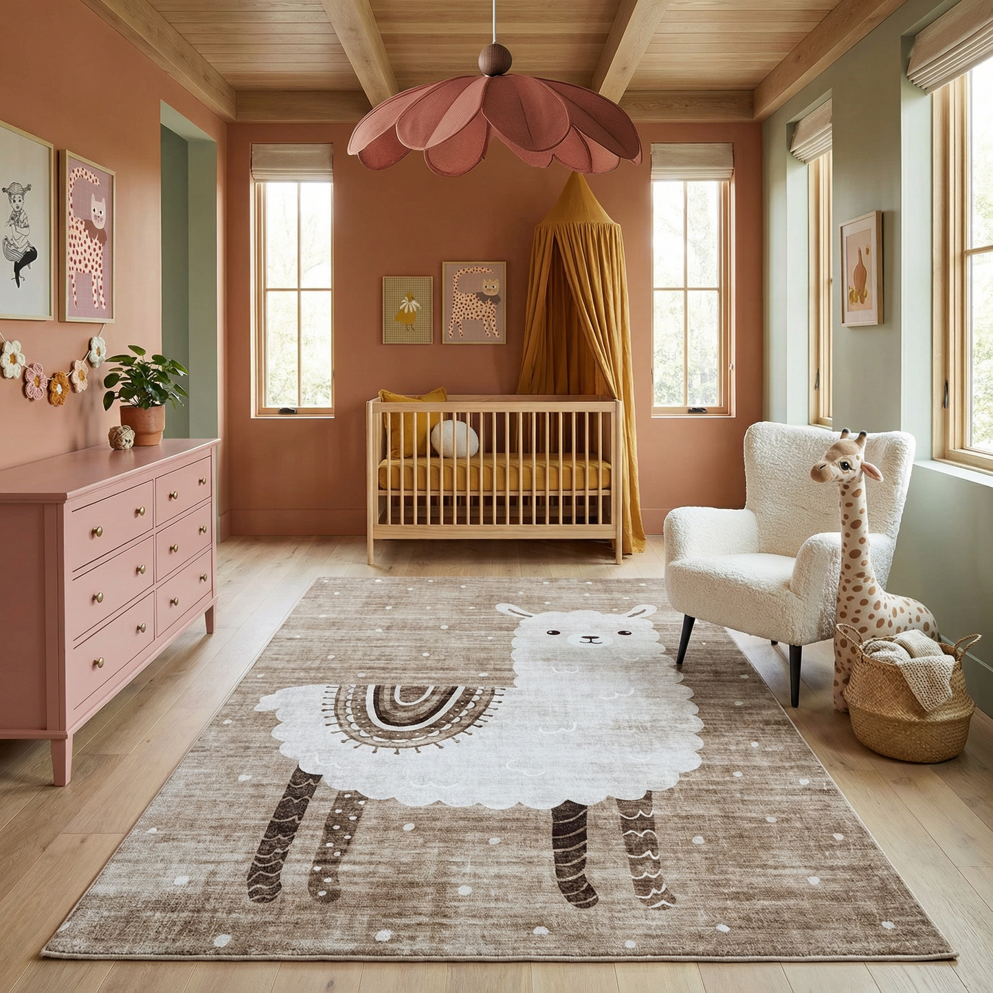 Rowan Lama Animal Theme Beige and White Kids Area Rug