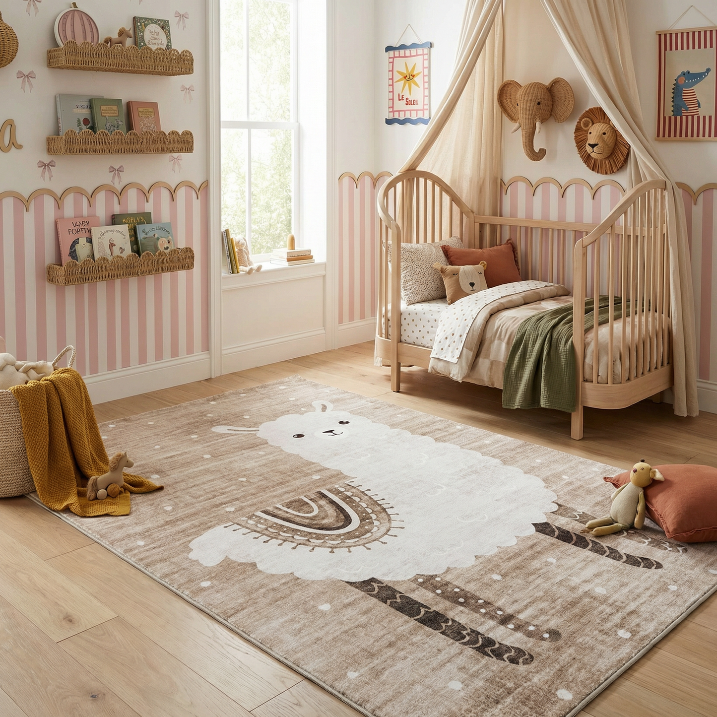 Rowan Lama Animal Theme Beige and White Kids Area Rug