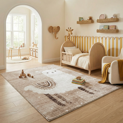 Rowan Lama Animal Theme Beige and White Kids Area Rug